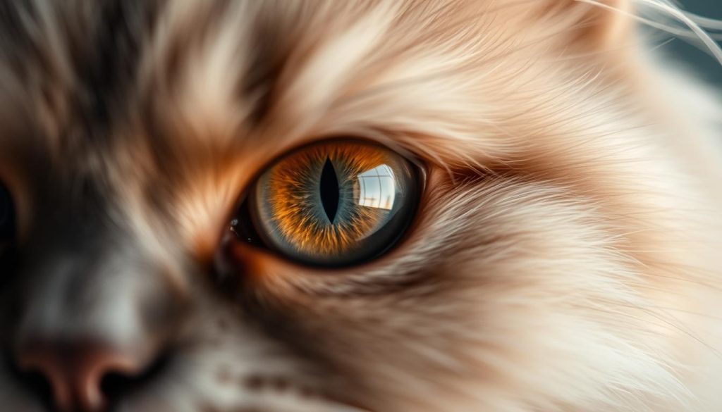 A close-up view of a Persian cat's eye, with vibrant colors and intricate details. The eye is the focal point, surrounded by soft, fluffy fur in shades of gray and beige. Gentle lighting casts a warm, comforting glow, highlighting the cat's delicate features. The background is blurred, allowing the eye to be the center of attention. The image conveys a sense of care and attention to the cat's ocular health, emphasizing the importance of preventative measures for Persian cats.