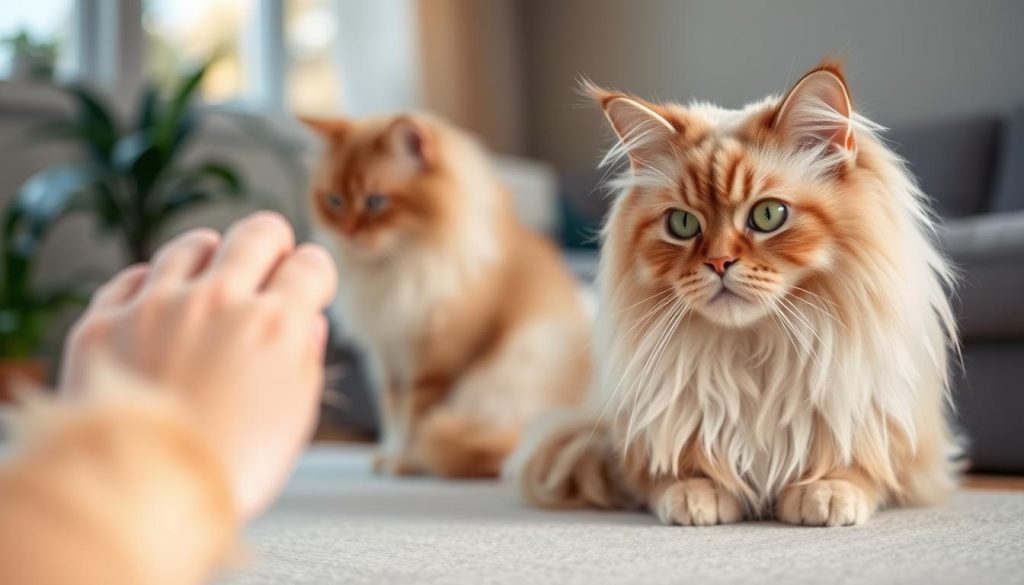 A peaceful and serene scene depicting the frequency of grooming for long-haired feline companions, such as Maine Coon and Ragdoll cats. In the foreground, a soft-focus image of a cat's paw gently brushing its face, conveying the gentle, self-soothing nature of their grooming rituals. The middle ground features a well-groomed Maine Coon and Ragdoll cat, their fur lustrous and well-maintained, highlighting the importance of regular grooming for their health and appearance. The background showcases a calming, natural setting with soft lighting, perhaps a cozy living room or serene outdoor scene, to emphasize the tranquility and relaxation associated with the grooming process. The overall mood is one of harmony, contentment, and the essential care that long-haired cats require to maintain their elegant, fluffy coats.
