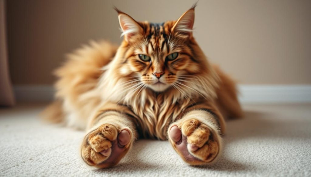 A senior Maine Coon cat, its majestic frame displaying signs of joint discomfort. In the foreground, the feline's paws are outstretched, pads slightly swollen. Joints along its limbs appear stiff, the cat's gaze conveying a sense of mild distress. The middle ground captures the cat's face in three-quarter profile, eyes narrowed, brow furrowed. Warm, diffused lighting casts a gentle glow, accentuating the cat's regal features. The background is softly blurred, placing emphasis on the cat's physical condition. The overall mood is one of empathy, highlighting the need for attentive joint health monitoring in large, aging felines.