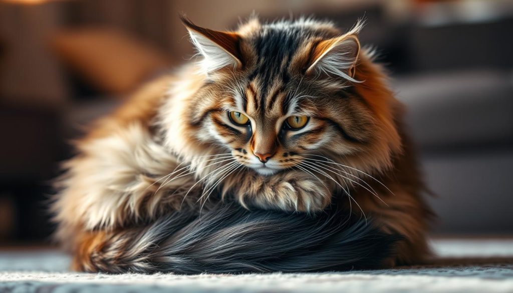 Anxious Maine Coon cat curled up tightly, paws tucked in, eyes wide and alert, fur slightly ruffled. The feline subject is illuminated by soft, warm lighting from the side, casting subtle shadows that accentuate the animal's tense posture and worried expression. The background is blurred, hinting at a cozy, domestic interior setting to emphasize the cat's distress within a familiar environment. The overall mood is one of tension and unease, capturing the essence of feline stress and its potential impact on the subject's joint health.