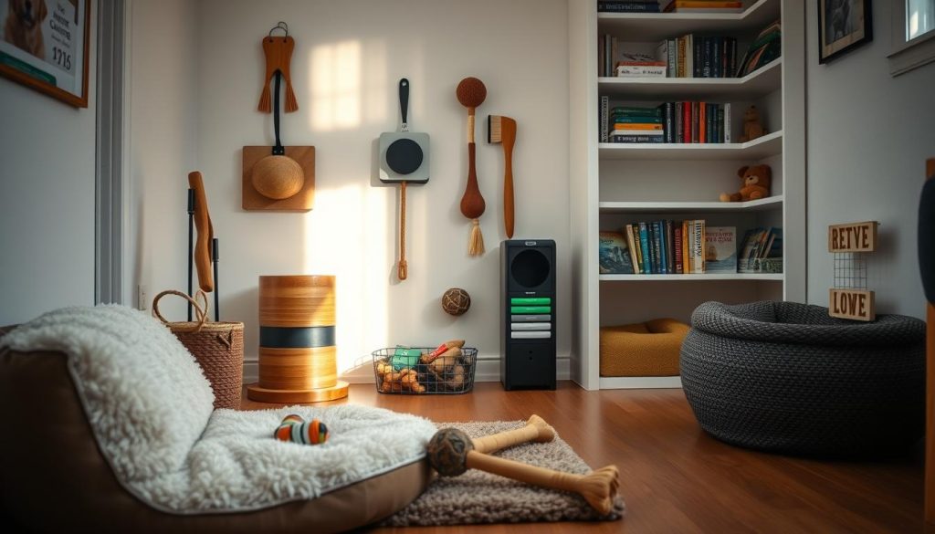 A cozy, well-lit interior with a variety of enrichment items for a dog in a limited-space home. In the foreground, a plush dog bed, chew toys, and a snuffle mat. In the middle ground, a wall-mounted puzzle feeder and a treat-dispensing toy. In the background, shelves with durable, interactive dog toys and books on canine enrichment. Soft, natural lighting casts a warm glow, and the overall atmosphere is one of comfort and mental stimulation. The scene conveys daily enrichment strategies that can be implemented in a small living space to keep a dog's mind and body active.