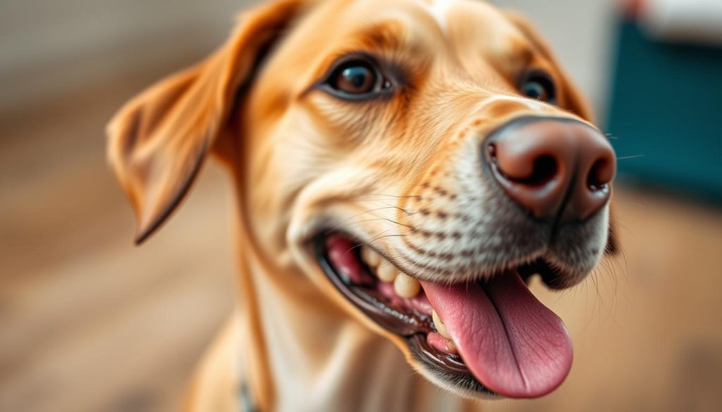 A detailed close-up photograph of a dog's head and muzzle, with a warm, soft focus effect. The dog's eyes are attentive and alert, and its tongue is slightly extended, conveying a sense of panting and thirst. The lighting is natural and diffused, creating a gentle, soothing atmosphere. The background is slightly blurred, placing the focus on the dog's face and the importance of hydration. The image evokes a sense of care and concern for the dog's well-being, reflecting the topic of "Importancia de la hidratación" within the broader context of the article.