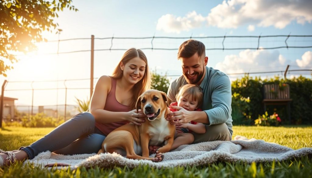 A serene, sun-dappled backyard scene. In the foreground, a loving family - a mother, father, and two children - sit on a plush blanket, smiling as they gently pet a well-cared-for dog. The pup, with a healthy coat and alert expression, rests contentedly between them. In the middle ground, a sturdy fence frames the lush, verdant garden, suggesting a safe, nurturing environment. The background features a tranquil, blue sky with fluffy white clouds, conveying a sense of peace and harmony. Warm, golden lighting bathes the entire scene, creating a cozy, inviting atmosphere that reflects the importance of responsible pet ownership and breeding.