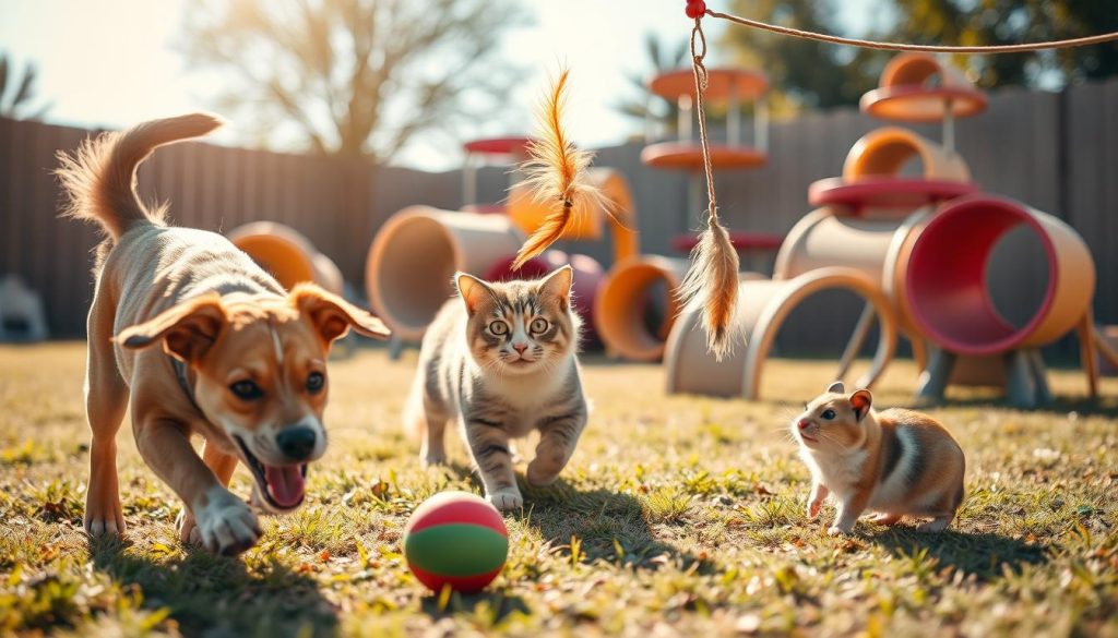 A sunny, outdoor scene depicting a variety of pet entertainment activities. In the foreground, a playful dog chasing after a squeaky toy, its tail wagging enthusiastically. In the middle ground, a cat lazily batting at a dangling feather toy, its eyes fixed intently. In the background, a pet obstacle course with tunnels, ramps, and platforms, where a curious hamster scampers about. Warm, natural lighting bathes the scene, creating a warm, inviting atmosphere. The overall mood is one of joy, playfulness, and a sense of companionship between pets and their owners.