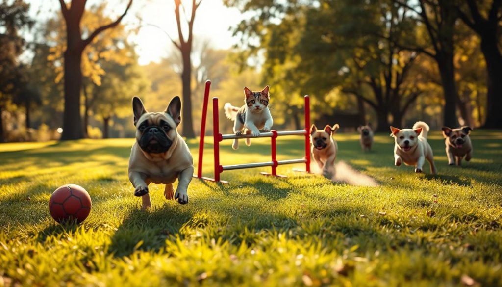 A vibrant, photorealistic scene of pets exercising in a serene, sun-dappled park. In the foreground, a playful French bulldog chasing a ball, its stocky body in motion. In the middle ground, a cat gracefully leaping through an obstacle course, its lithe form silhouetted against the lush greenery. In the background, a group of small dogs engaged in a spirited game of fetch, their paws kicking up dust as they bound across the grass. Soft, warm lighting casts a natural glow, highlighting the animals' energy and joy. The overall atmosphere conveys the importance of physical activity for the health and well-being of these beloved companions.