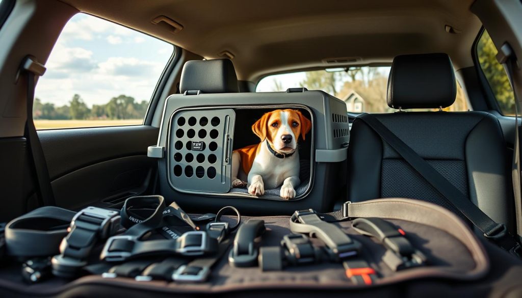 A well-lit, high-resolution photograph of a pet carrier resting securely in the back seat of a car, with a canine companion comfortably nestled inside. The carrier is made of sturdy, durable materials and features ventilation holes and a secure latch. The interior is padded for maximum comfort. In the foreground, an array of pet safety accessories, such as seatbelt harnesses and non-slip mats, are neatly arranged. The middle ground showcases the car's interior, with seatbelts and headrests visible, emphasizing the importance of proper pet restraint. The background depicts a tranquil, suburban landscape, conveying a sense of a safe, stress-free journey. The overall scene radiates a mood of care, responsibility, and the cherished bond between human and animal companion.
