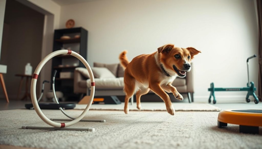 A well-lit indoor scene featuring a dog engaging in various physical exercises in a compact living space. In the foreground, the dog enthusiastically jumps through a hoop or crawls under a low obstacle, showcasing its agility and athleticism. The middle ground displays additional exercise equipment like a small treadmill or balance toys that the dog interacts with. The background depicts a cozy, minimalist living room setting with clean lines and muted colors, highlighting how these activities can be incorporated into a limited-space environment. The overall mood is one of playfulness, energy, and the dog's evident enjoyment of the physical stimulation, demonstrating how to provide adequate exercise even in constrained indoor areas.