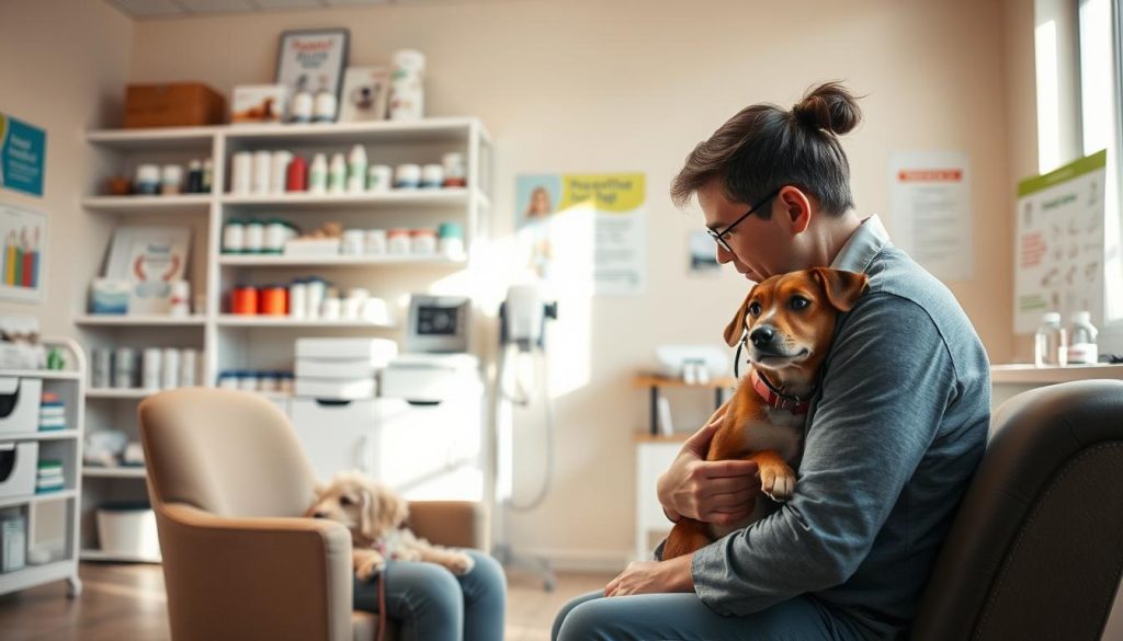 A well-lit veterinary clinic interior, with a warm, inviting atmosphere. In the foreground, a pet owner sits on a comfortable chair, cradling their beloved dog, who looks attentive and calm. In the middle ground, a veterinarian in a pristine white coat examines the dog, using a stethoscope and gentle touch to assess its health. The background features shelves with pet supplies, diagnostic equipment, and informative posters highlighting the importance of preventive care for pets. The lighting is soft and natural, creating a sense of trust and care. The overall scene conveys the message of proactive, holistic pet health management.